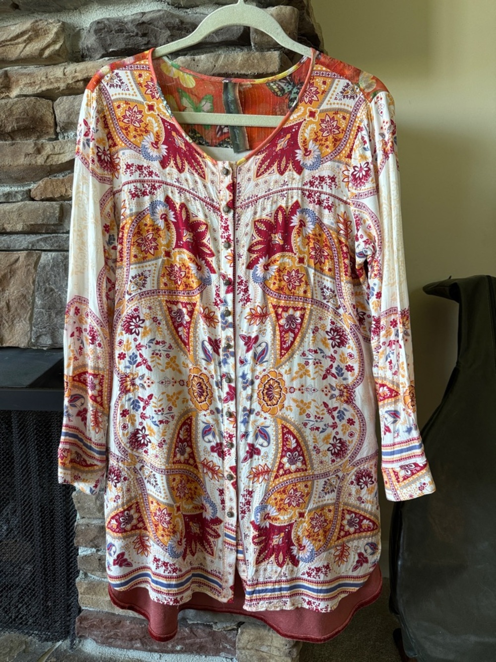 Boho Paisley Button-Front Tunic in White, Red & Gold